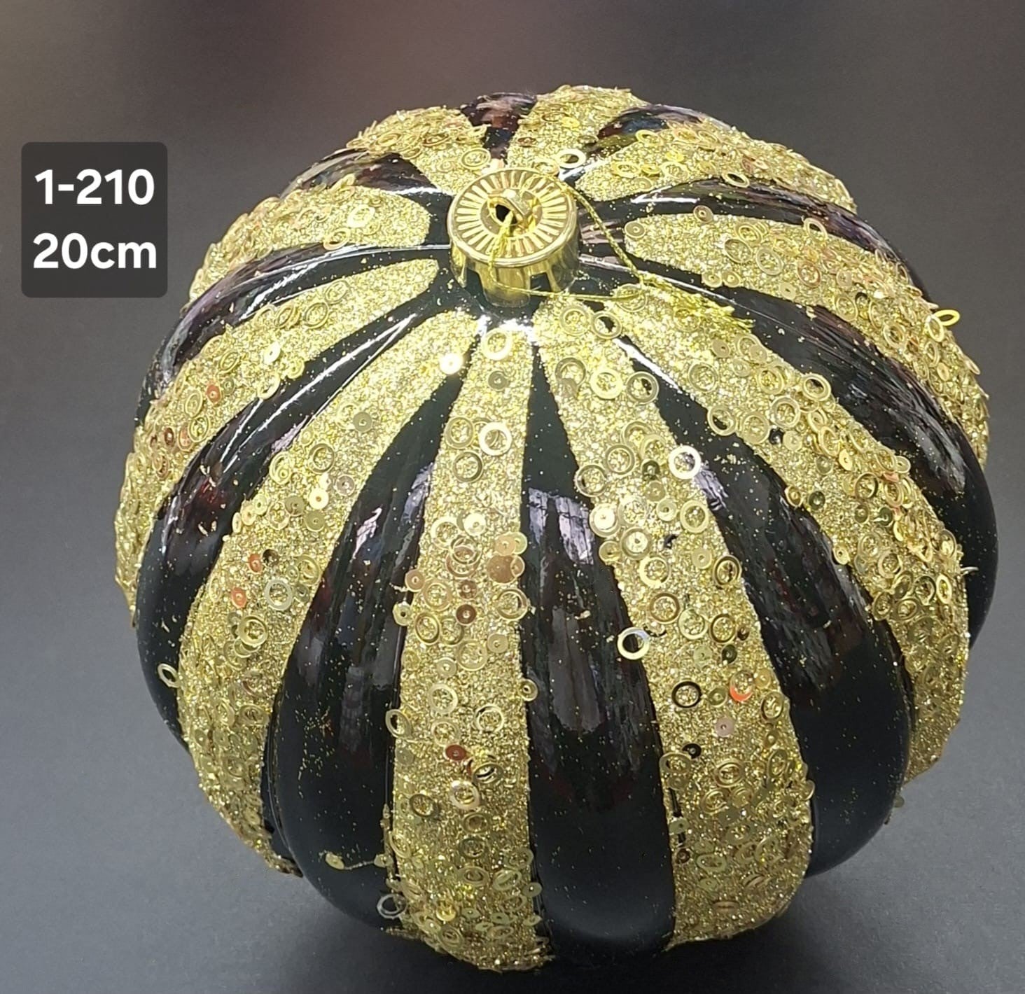 Glob de Crăciun Negru Lucios cu Dungi Aurii, Sclipici și Paiete - 20cm